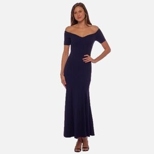Marina Short Sleeved Off Shoulder Crepe Navy Blue Formal Gown